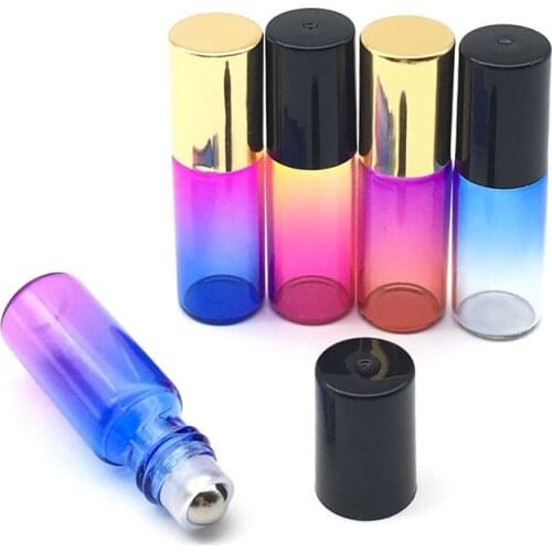 10pcs 5ml Gradient Colorful Roller Glass Perfume Bottle Roller Empty Fragrance Roll-On Essential Oil Bottle Black Gold Cap