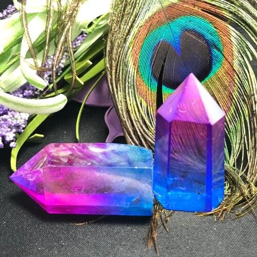 2pcs Natural electroplating color crystal single - pointed pillars, beautiful arts and crafts home decoration