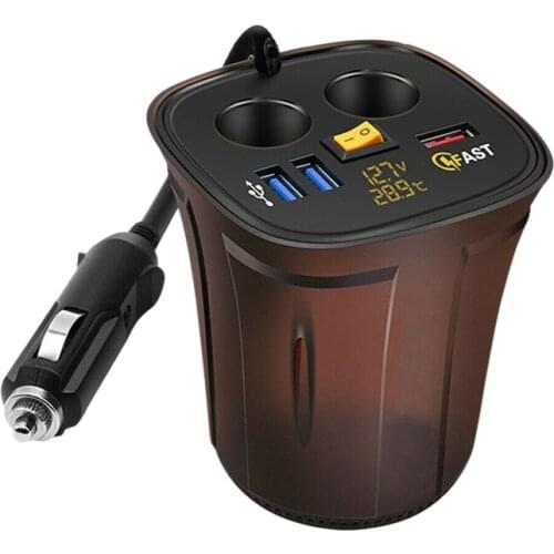 Car Cup Holder Cigarette Lighter Voltmeter 12V USB Socket Charger Display Temperature 12V Charger Voltage QC3.0 USB Car Fast Cha