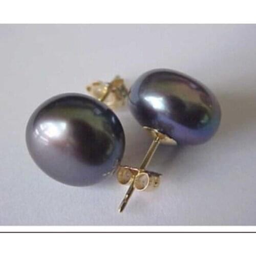 Free shipping Hot 10-11 mm Tahitian AAA Black Pearl Earrings 14K/20 SOLID GOLD