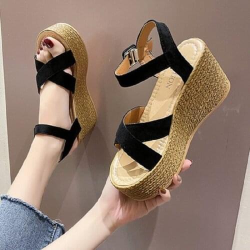 Casual Fashion Slope With Elegant High Heels, Ladies Sandals, One Word Buckle, Summer New Style Roman Shoes, Waterproof Platform