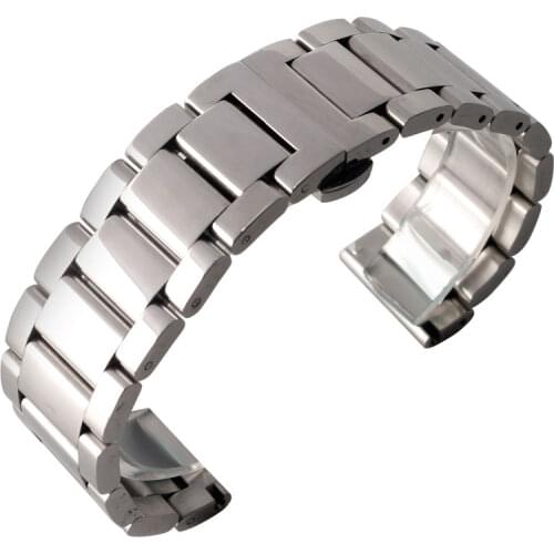 18mm 20mm 22mm Silver Firm Steel Watchband Push Button Bracelet Watch Strap for Men Women with Deployment Buckle + 2 Spring Bars
