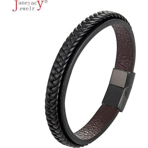 Trendy 12*6mm Weaving Black Brown Blue Genuine Leather Bracelet Men Stainlees Steel Cuff Bracelets & Bangles Male Pulseira Gifts