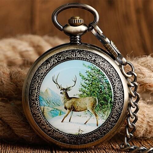 Bronze/Silver Elk Display Hand Winding Mechanical Pocket Watch Retro Roman Numeral Display Antique Manual Mechanism Pocket Clock