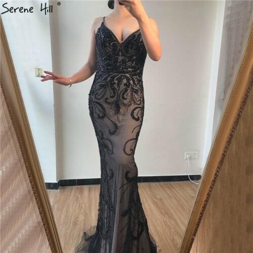 Dubai Black V-Neck Sexy Luxury Evening Dress 2020 Sleeveless Mermaid Diamond Beading Evening Dress Real Photo LA70175