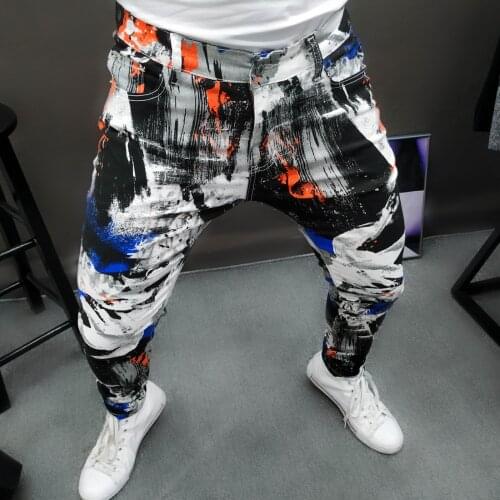 Designer Printed Skinny Jeans Party Casual Trousers Pantalones Moda Hombre 2021 High Street Washed Painted Jeans Men Streetwear