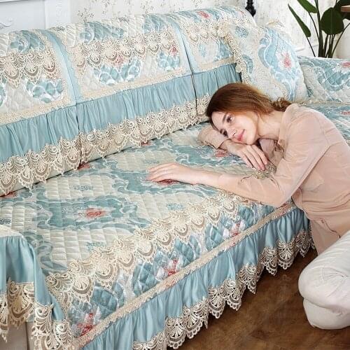 Elegant Luxury Linen Cotton Sofa Cover Single Slip Suit European Blue Jacquard Sofa Set Pillowcase Cushion Sofa Towel Slipcover