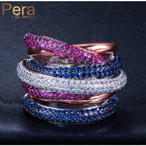 Pera Luxury Royal Unisex Engagement Prom Party Big Statement Rose Red Blue Round Shape Cubic Zirconia Finger Ring for women R085