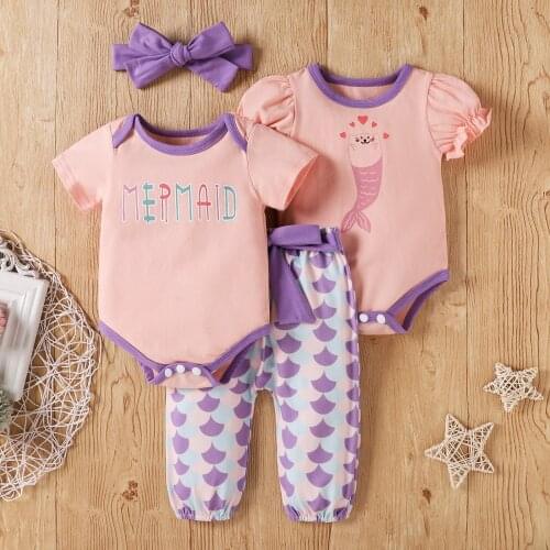 4Pcs Baby Summer Outfits Infants Toddler Girls 2PCS Mermaid Short Sleeves Bodysuits+Scale Print Pants+Hairband Sets for 0-24M
