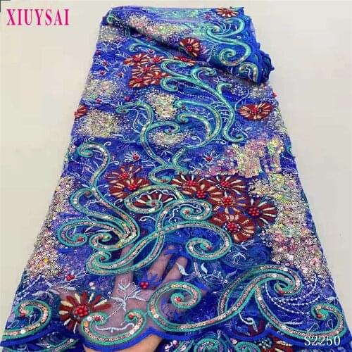 Beautiful Blue African Lace Fabric 2021 High Quality French Lace With Sequins Beaded Nigerian Lace Fabrics For Wedding Dress