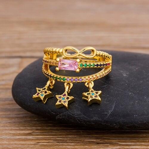 Hot Sale Star Design Gold Color Geometric Crystal Rings For Women Fashion Open Adjustable CZ Pendant Rings Female Jewelry Gift