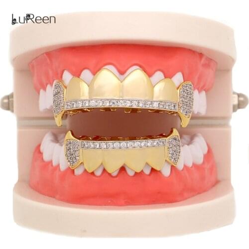 LuReen Hip Hop Gold Teeth Grillz Micro Pave Cubic Zircon Top Bottom Vampire Fangs Teeth Grills Set Holleween Jewelry Men Women