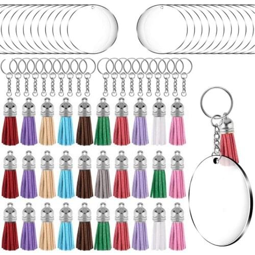 120 Pcs Acrylic Keychain Blanks Kit with Key Rings Jump Rings Round Clear Discs Circles Colorful Tassel Pendants for DIY