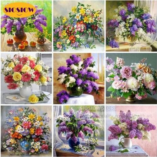 SIOSIOW 5D DIY Diamond Painting Flowers Vase Rose Cross Stitch Kits 3D Daimond Embroidery Full Square Drill Resin Art Decor Home