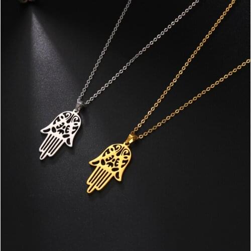 Skyrim Stainless Steel Hamsa Hand Necklace Women Amulet Hand of Fatima Clavicle Chain Necklaces Vintage Islamic Jewelry 2021 New