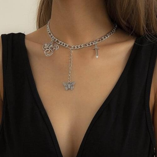 New Ins Hollow Butterfly Multi-element Necklace Sweet Cool Dark Dragon-shaped Clavicle Chain European and American Style Jewelry