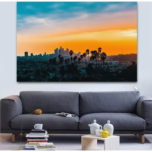 Angeles Landscape HD Downtown Los Poster and PrintSunset Skyline Canvas Painting Cityscape Wall Art Pictures for Living Room
