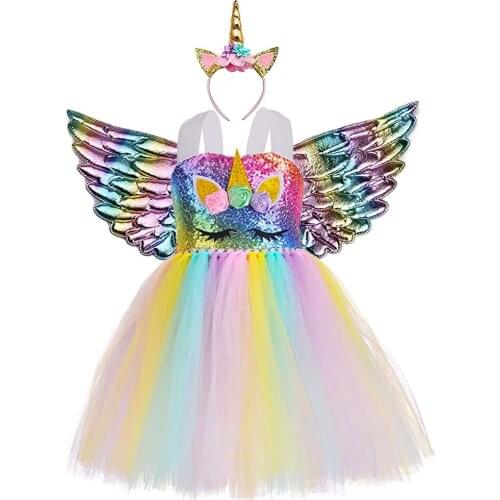 Rainbow Sequins Unicorn Theme Girls Dress Toddler Pony Unicorn Costume for Halloween Carnival Kids Birthday Party Clothes Outfit
