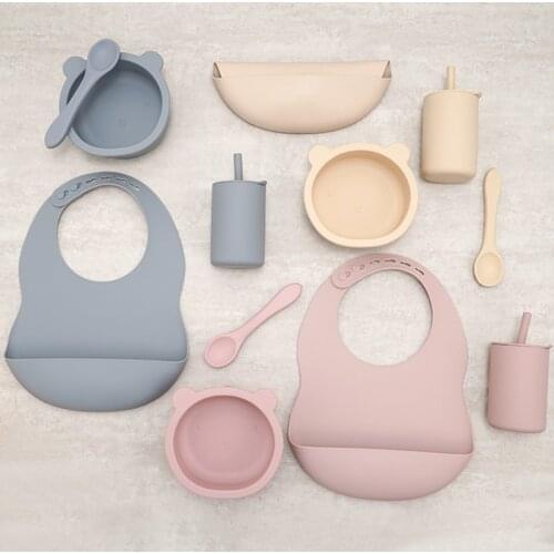 Christmas Day Gift Edible Foldable Baby Bib Kits Unbreakable Cup Relief Teething Silicone Bowl Feeding Set