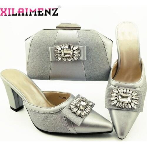 Silver Nice Design Italian Rhinestone Shoes With Matching Bags Ins Latest Italian Women Pointed Toe Slipper and Bags Set On Sale