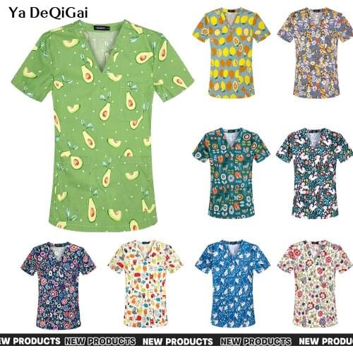 Scrubs Tops Cartoon Print Cotton Costume Medical Doctor Nursing Unisex Adults Uniform Short Sleeves Dental Hospital Scrubs Tops