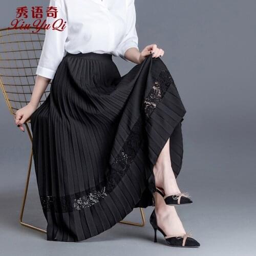 Winter Autumn Lace Skirt Women Fashion Skirts Elegant Long Pleated Skirt Ladies Vintage Black Faldas 860701