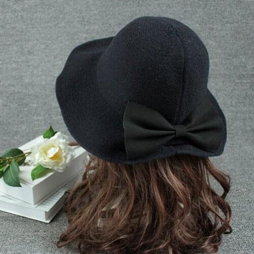 Wide Brim Women Wool Hat New Autumn Winter Hat for Women Korea Style Ladies Knitted Hat High Quality Black Bow Bucket Hat