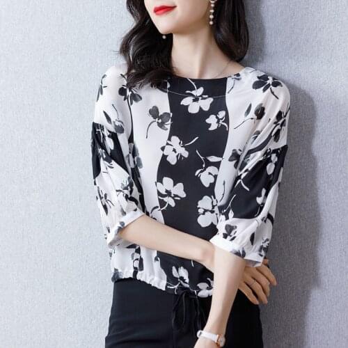 Women Spring Summer Style Chiffon Blouses Shirts Lady Casual Half Sleeve O-Neck Leaf Printed Chiffon Blusas Tops ZZ0361
