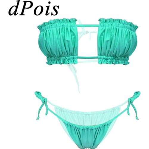 2Pcs Womens Bikinis Set Solid Color Tie-on Swimsuit Swimwear Bathing Suit Ruffle Bandeau Bikini Top with Cheeky Thong Bottoms
