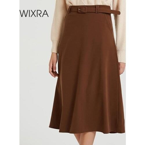 Wixra 2019 New Basic Solid Sashes Skirts Elegant High Waist Loose A Line Skirt Autumn Winter Ladies Bottom