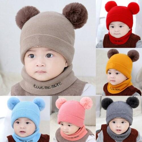 Winter Warm Children Hats Set Kid Double Fur Pom Pom Beanie Wool Knitted Hat For Baby Boys Girls Toddler Crochet Beanies Scarves