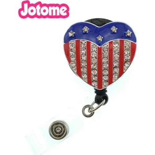 10PCS/Lot Crystal Rhinestone USA flag heart shape 4th of July American Patriotic retractable id bagde holder reel
