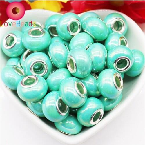 10Pcs Handmade Silver Plated Color Resin Murano Charm Large Hole European Beads Fit Pandora Bracelet Chain Spacer Charms Jewelry