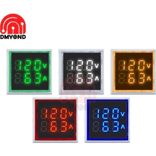 22mm Square LED Digital Dual Display Ammeter Voltmeter AC 60-500V 0-100A Voltage Gauge Current Meter Led Modules Indicator Light