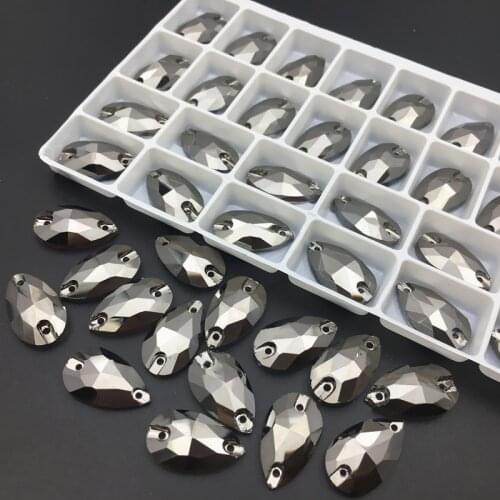28pcs/box Flatback 10.5x18mm Teardrop Sew On rhinestone Jet Hematite Color 18x11mm Pear Shape Sewing Glass Crystal Stones 2Holes