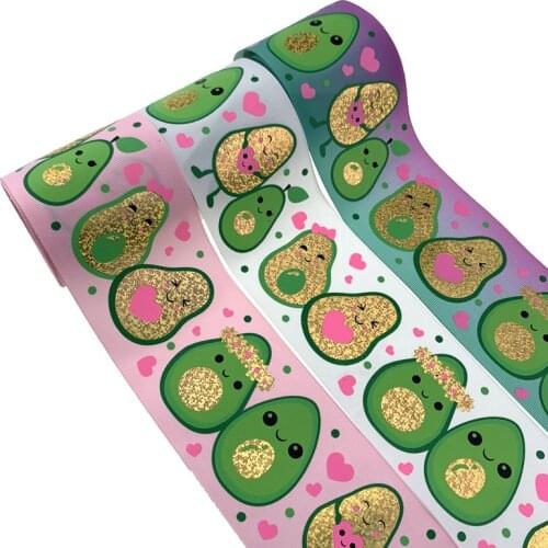 3" 75mm Gold hologram and ink printed avocado grosgrain ribbon DIY Hair bows Material DIY Accessories 100YARDS
