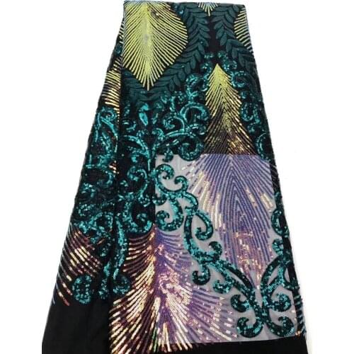 5yards/pc) Wonderful green gold iridescence African sequins net lace with embroidery French lace fabric for party dress FJY354