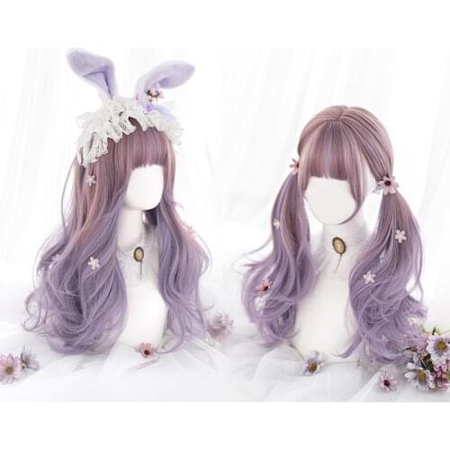 Allaosify Synthetic Long Lolita Wig with Bangs Pink Blonde Purple Red Black and White Curly Cosplay Colored Wigs for Women