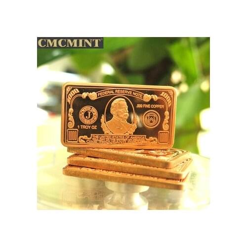 1Oz 1 Troy Ounce 1 oz 999 Fine Copper $1000 USA Bill Bar Replica Copy Coins-Collection Souvenir B045