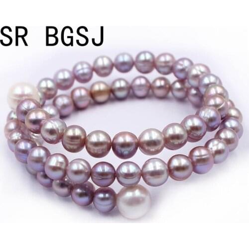 Free Shipping SR 7-8mm White Pink Purple Natural Freshwater Pearl Women 3-Strand Adjustable Bangle Pearl Bracelet 7"