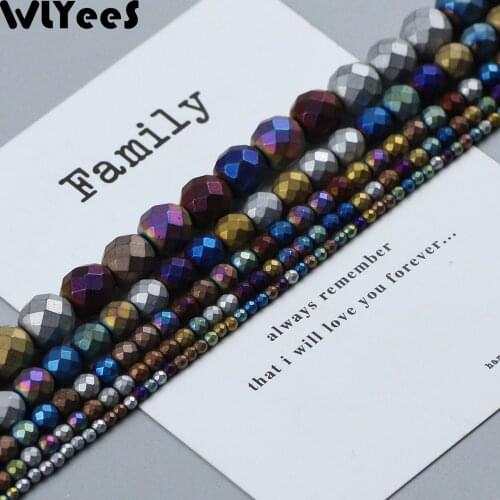 WLYeeS Polish Faceted Round Hematite beads Plating Gold Silver Multicolor 4 6 8 10mm Loose Beads for DIY Jewelry Bracelet making