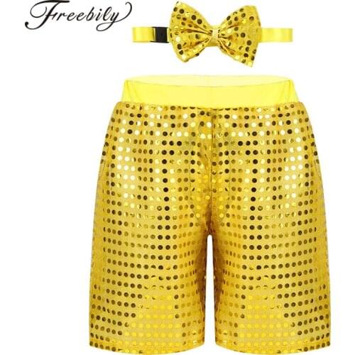 Unisex Kids Glittery Sequins Dance Shorts with Bowtie Set Children Boys Girls Choir Jazz Stage Performance Dance Costume