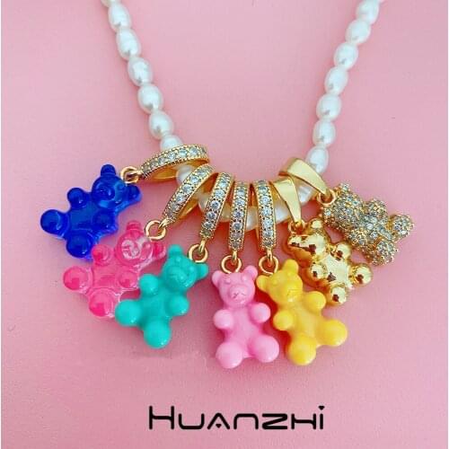 HUANZHI 2021 New Lovely Candy Color DIY Transparent Resin Little Bear Pendant Handmade Necklace For Women Girls Accessories