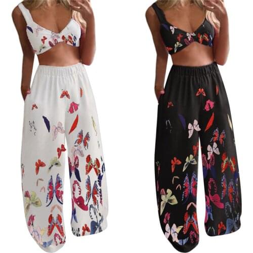 Two Piece Set Summer Clothes For Women Bohemian Butterfly Printed Sleeveless Camis Tops Long Pants Yoga Sports 2 Piece Set