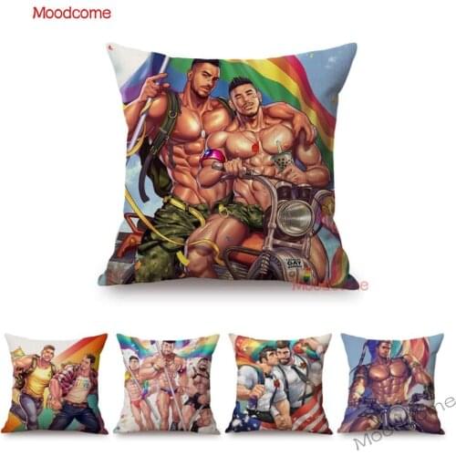 LGBT Rainbow Gay Pride Parade Art Sexy Jock Guy Hot Men Home Decorative Sofa Throw Pillow Case Linen Boyfriend Art Cushion Cover