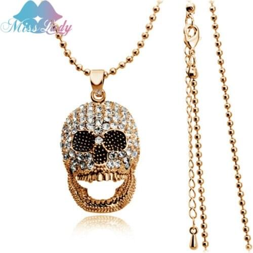 Miss Lady Rose Gold color Rhinestone Crystal Long Smile face Skull chains necklaces Fashion Jewelry for women MLY4507