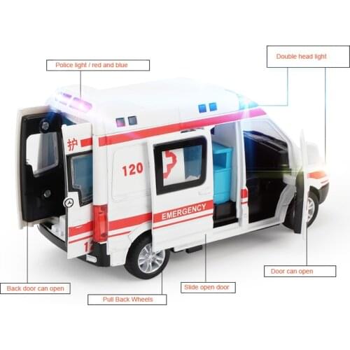 1:32 High Hospital Simulation Ambulance Hospital Rescue Metal Cars Model Pull Back With Sound and Light Alloy Diecast Car Toys