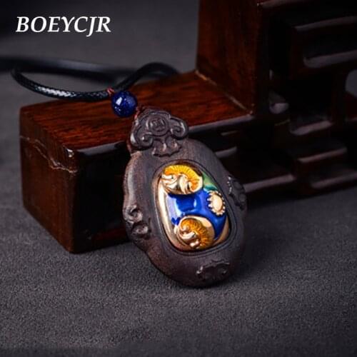 BOEYCJR Wood Inlaid Enamel Adjustable Necklace Rope Chain Handmade Ethnic Pendant Necklace for Men and Women Jewelry Gift