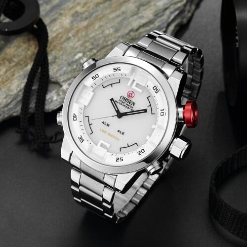 OHSEN Men Watches Men Sports Watches Stainless Steel Dual Display Quartz Watches Men Military Army Watches 30M Waterproof
