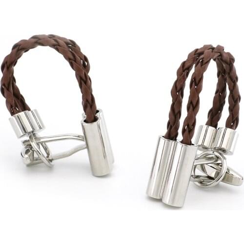 Mens Lether Chain Cuff Links Copper Material Coffee Color